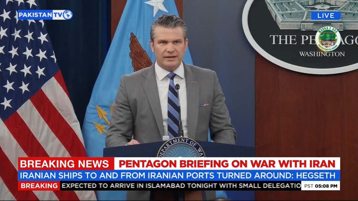 PakTVGlobal's tweet image. US Secretary of War, Pete Hegseth says says blockade of Iran is growing as Iranian ships to and from Iranian ports turned around.

#PakistanTV #Pentagon #PeteHegseth #USIran #BreakingNews