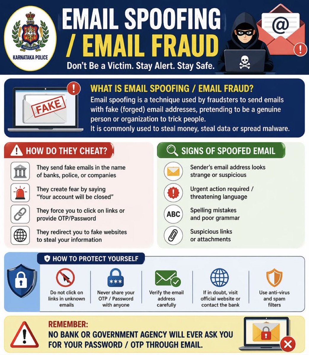 🚨 Email Spoofing Alert!
Don’t trust unknown emails. Never share OTP or passwords. Stay alert, stay safe.
#EmailFraud #CyberSafety #StaySafe #StayAlert