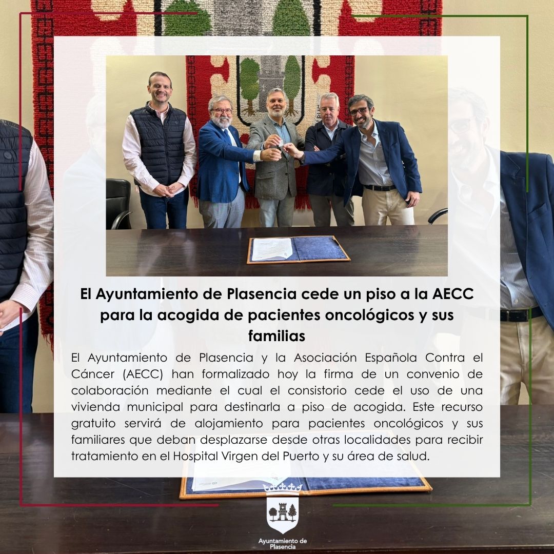 Ayto_Plasencia's tweet photo. 🤝 El Ayuntamiento de Plasencia cede una vivienda municipal a la @ContraCancerEs  para crear un piso de acogida destinado a pacientes oncológicos y sus familias.

🏠 Un recurso gratuito situado en la calle Cabezabellosa para ofrecer comodidad y apoyo en el área de salud. 💚 https://t.co/rd0HROvN6V