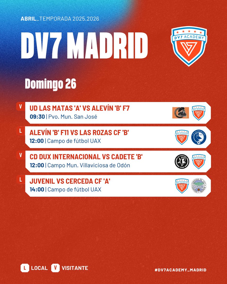 ⚽️ 𝐏𝐀𝐑𝐓𝐈𝐃𝐎𝐒 𝐃𝐄 𝐋𝐈𝐆𝐀 ⚽️

Estos son los encuentros de este fin de semana 👇🏼

🔹 Sábado → Chupetín, Prebenjamín A, Benjamín A, B y C, Alevín A F7, Alevín A F11, Infantil A y B y Cadete A 💪🏻

🔹 Domingo → Alevín B F7, Alevín B F11, Cadete B y Juvenil 🔥

#DV7Madrid 🔴