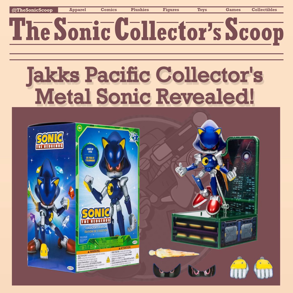 🚨COLLECTOR’S METAL SCOOP🚨

The long awaited Jakks Pacific Collector’s Metal Sonic has been revealed via Amazon Mexico!

This figure features:
-26 Points of Articulation
-3 Face Plates
-2 Sets of Hands
-2 Thrusters 
-Metallic Paint
-Light-up Eyes