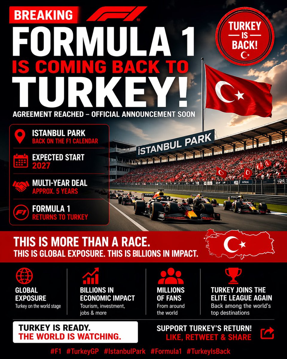 burcbtc's tweet photo. #BREAKING #F1 #TurkeyGP
🇬🇧 TURKEY IS BACK IN #FORMULA 1 DEAL REACHED
Formula 1 is returning to Turkey.
Agreement reportedly secured official confirmation expected soon.
📍 Istanbul Park back on the calendar
📅 Expected start: 2027
⏳ Multi-year deal (approx. 5 years)
🔥 This is NOT just a race…
This is global exposure + billions in tourism flow + geopolitical branding.
💥 Turkey re-enters the elite league
💥 Global spotlight returns
💥 Economic impact = massive
⚠️ Smart money sees the bigger picture:
Events like this = capital, attention, momentum.
👇
RT + comment if you support Turkey’s return 🔁
Full breakdown (money flow, impact, opportunities) in the pinned post 👇