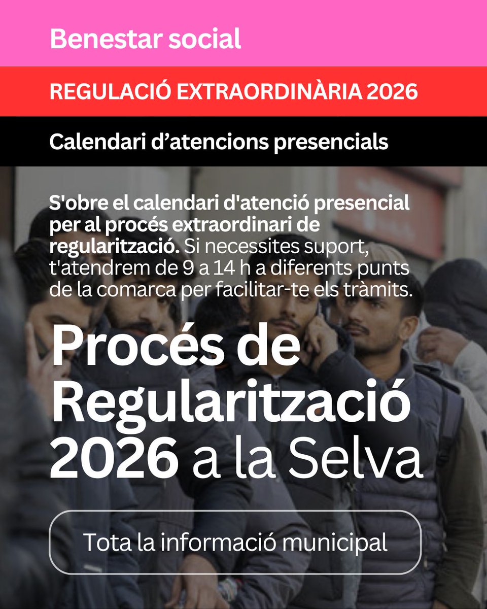 comarcaselva's tweet image. 📢 Atenció presencial per a la regularització 2026 a #LaSelva.
⏰ Horari: 9h a 14h.📍 Dilluns: Anglès📍 Dimarts: Hostalric📍 Dimecres: Sils📍 Dijous: Tossa de Mar📍 Divendres: Consell Comarcal (SCF)*Arbúcies, Sant Hilari i Vidreres tenen calendari propi. Informa-te'n!