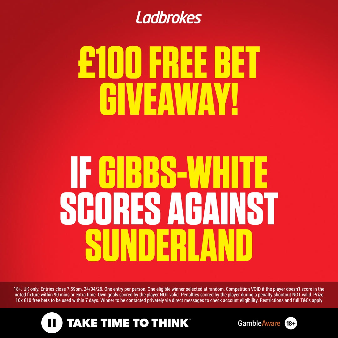 Ladbrokes's tweet photo. If Morgan Gibbs-White scores against Sunderland, one of YOU will win £100 in free bets 🤑

1️⃣ Reply to this post with Gibbs-White's shirt number for Forest
2️⃣ Repost and like this post
3️⃣ Follow @Ladbrokes

One eligible entrant will be selected at random and win! 🎁

Full T&amp;Cs 👇
