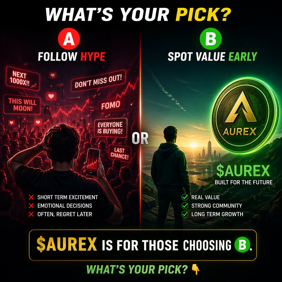 AurexAIOfficial's tweet image. Quick question:

Would you rather:
A) Follow hype
B) Spot value early

$AUREX is for those choosing B.

What’s your pick? 👇
#CryptoCommunity #Presale #Best2026presale