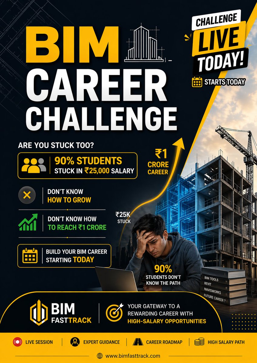 bimfasttrack's tweet image. 90% students stuck at ₹25K salary 😓
Don’t know how to reach ₹1 Crore career 💰
🚀 BIM Career Challenge is happening NOW

👉 Register Here: bimfasttrack.com/challenge

#BIM #BIMCareer #CivilEngineering #EngineeringCareer #Revit #BIMEngineer
#CareerGrowth