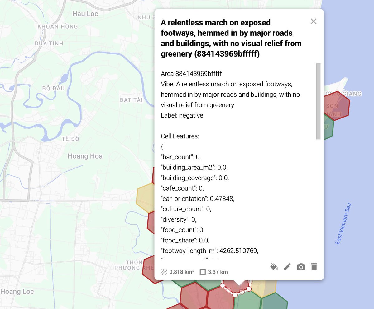 EvgenyArbatov's tweet image. Should there be vibe mapping in addition to vibe coding? I wanted to get an idea of how pleasant an unfamiliar place is for walking. I extracted features from OSM and asked Ollama to label them. It works reasonably well, even with incomplete OSM data. #osm #ollama #gis