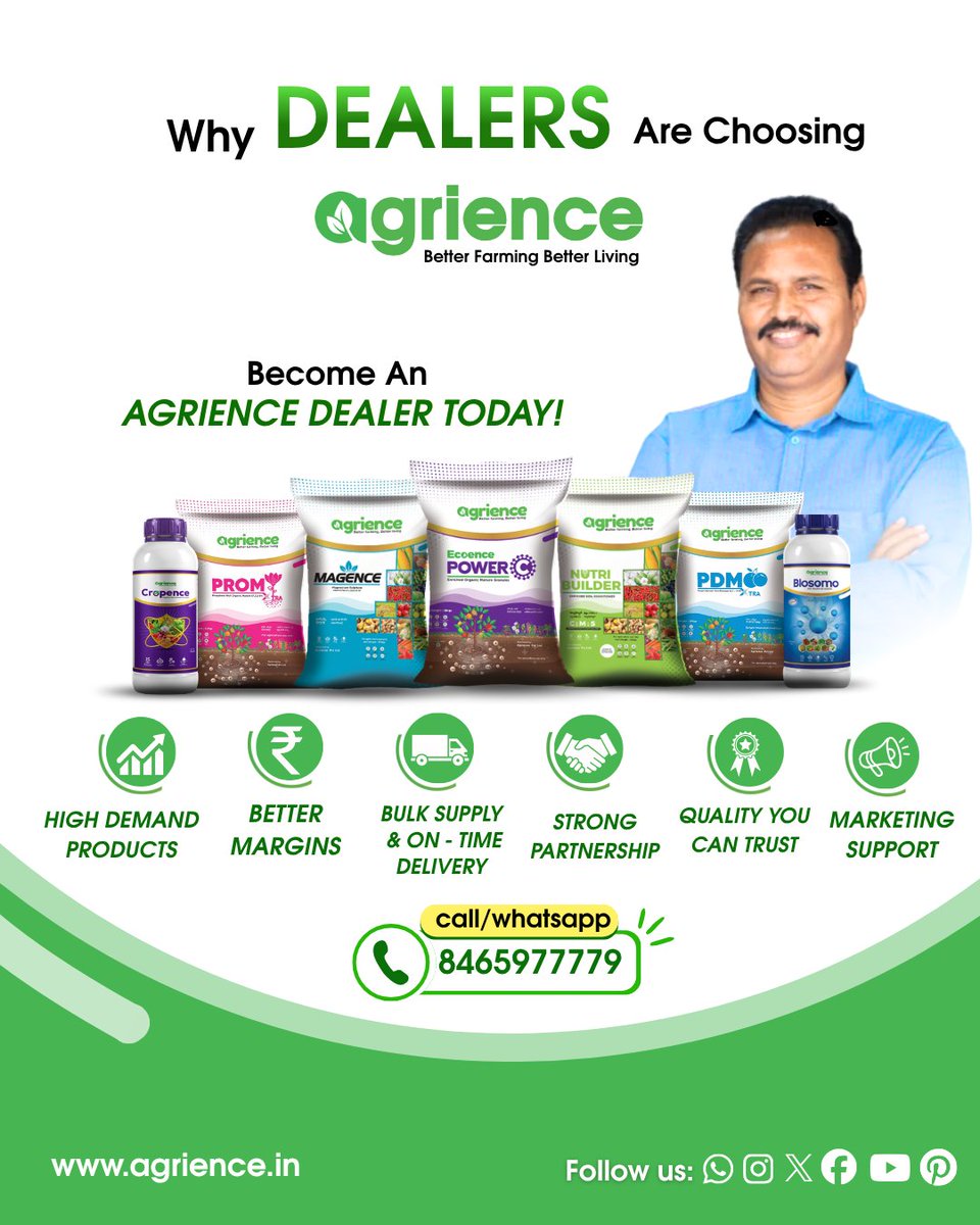 Agrience_in's tweet image. Deal smarter. Grow faster. 🌱

Become an Agrience Dealer &amp;amp; access:
✔ High-demand fertilizers
✔ Better margins
✔ Bulk supply
✔ Strong support
📞 8465977779
#Agrience #AgriBusiness #Fertilizer #Dealership #Agriculture #BusinessGrowth #IndiaFarming #BetterFarmingBetterLiving