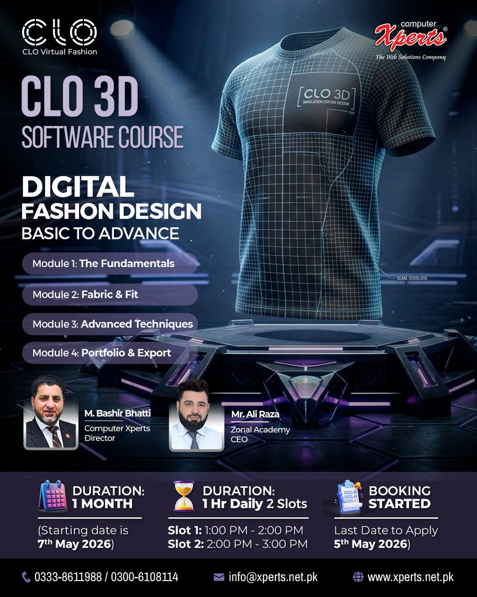alibabaxperts's tweet image. 🚀 CLO 3D Software Course – May 2026 Batch

Step into professional digital fashion design with CLO 3D. Learn to create realistic 3D garments, improve sampling, and build your design career. 👗✨

#CLO3D #FashionDesign #3DDesign #DigitalFashion