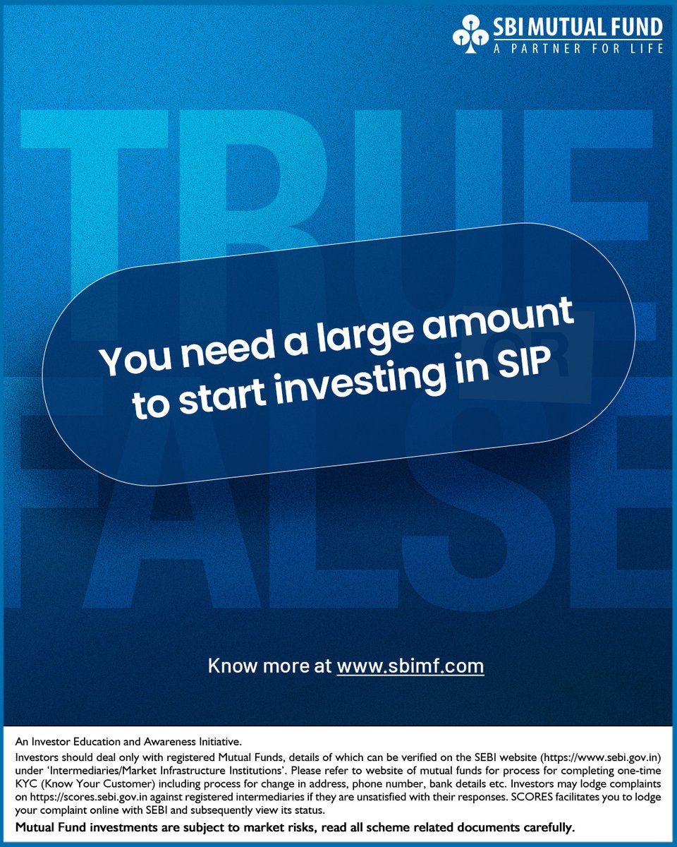 SBIMF's tweet image. SIPs focus on consistent investing over time rather than a large upfront amount. What is your answer? Tell us in the comments below.​

#SBIMF #MutualFunds #SIP #InvestSmart #WealthCreation