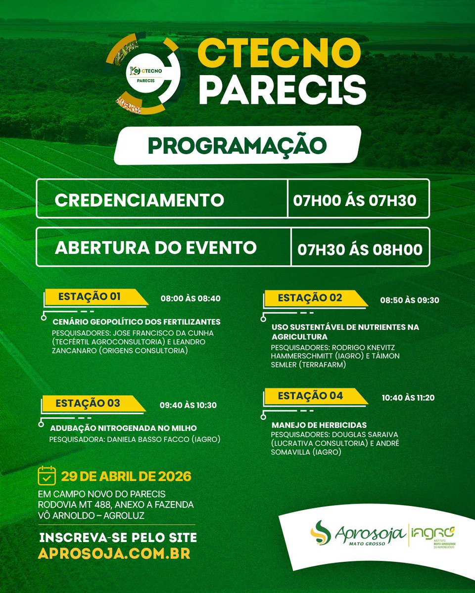 Já pode se programar: olha o que te espera no CTECNO Parecis.

Um dia pensado pra quem quer sair do básico e ir direto ao que realmente impacta a lavoura:

Cenário geopolítico dos fertilizantes
Uso sustentável de nutrientes
Adubação nitrogenada no milho
Manejo de herbicidas

Tudo