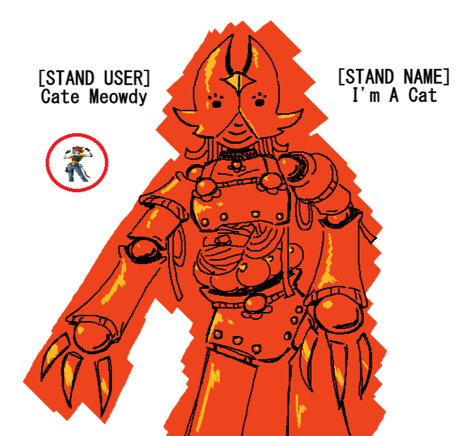ShellPluck's tweet photo. Made a rough Stand design based off of Cate Meowdy from Fortnite because I was bored in a vc. I have no idea how to design Stands so I just made some buuullshiiit https://t.co/hH4Da3PTul