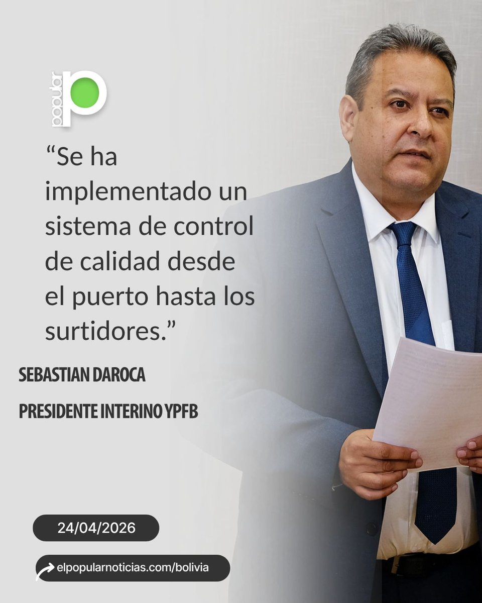 popularbolivia's tweet image. #Frase | YPFB garantiza control de calidad y anuncia regularización del suministro de diésel y gasolina

El presidente ejecutivo interino de YPFB informó que se implementó un sistema de control de calidad del combustible desde el puerto hasta los surtidores, con el objetivo de