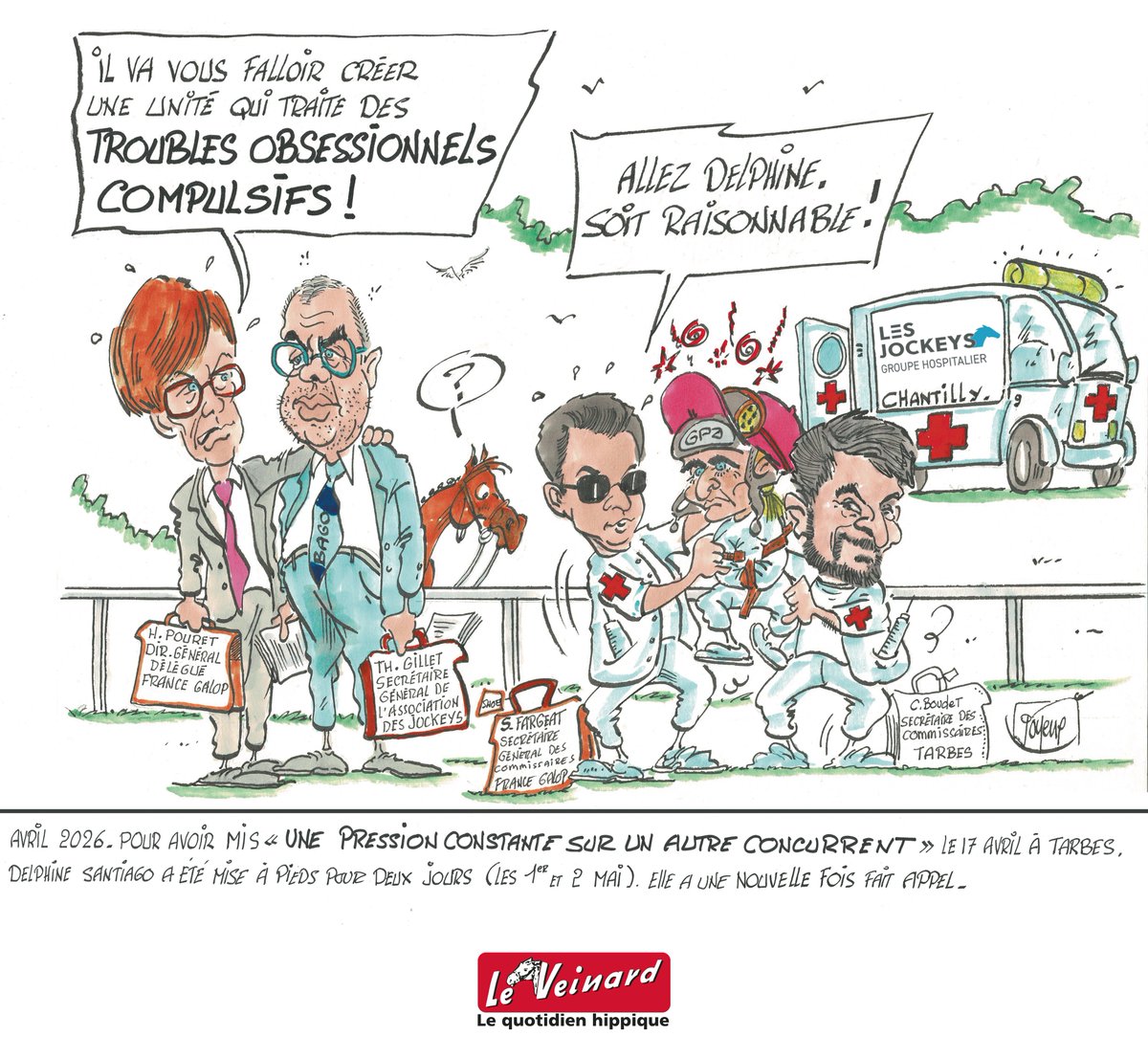 Recevez chez vous la caricature hebdomadaire de votre choix sur l'actualité du monde hippique de JOYEUX. Livrée sous cadre à votre domicile.  Commande sur leveinard.com