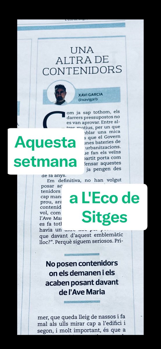 XaviGarB's tweet photo. No us perdeu el meu article a @lecodesitges on escric sobre els contenidors que han posat davant de l’edifici de l’Ave Maria 
#sitges #garraf #fetspersitges
@fetspersitges @funavemaria https://t.co/mEqRm4OTZw