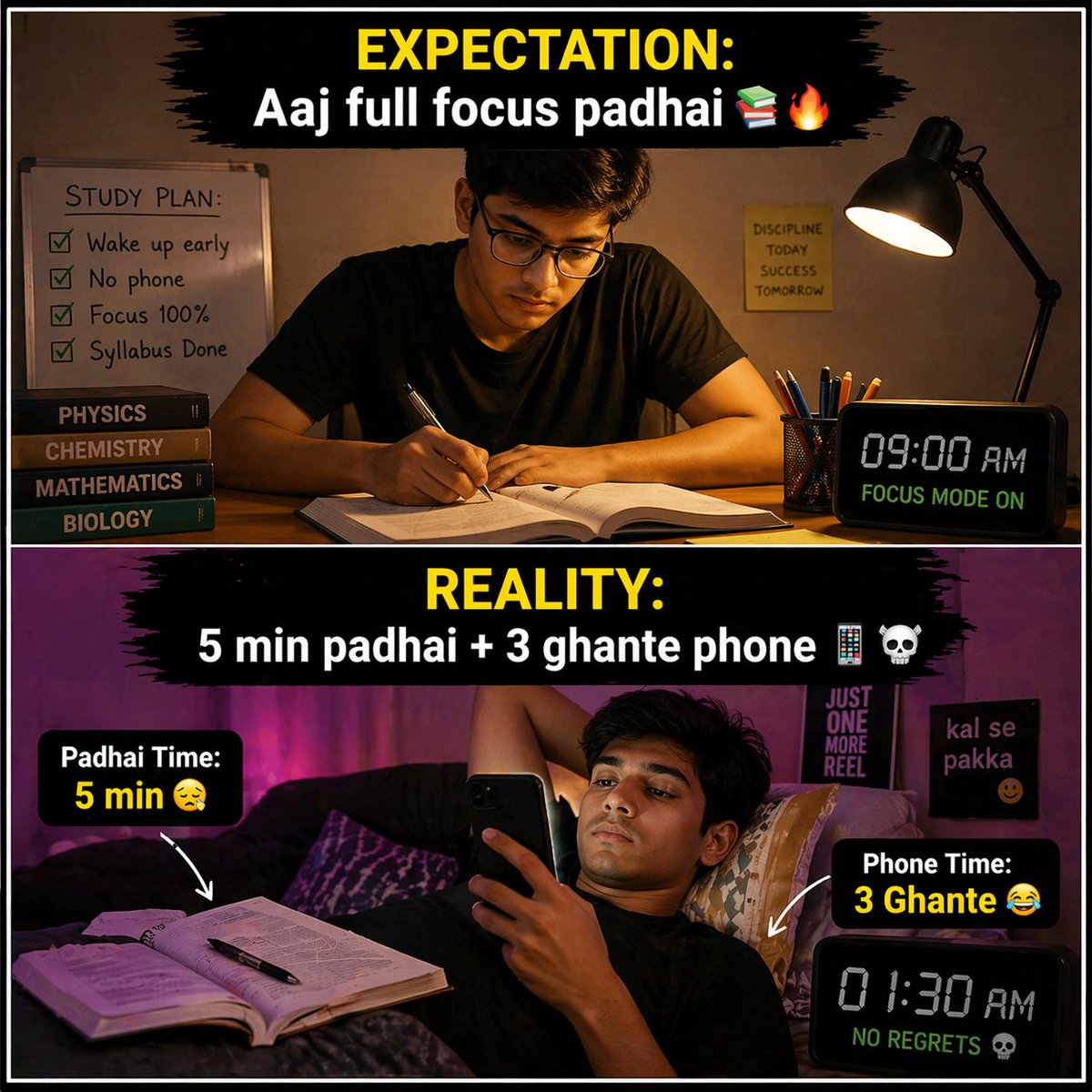 Tiwari33213531's tweet photo. Aaj bhi “kal se pakka” jeet gaya 😂🔥
👉 “Tum bhi aise ho kya?”
👉 “Sach bolo, kitne ghante phone?”
#relatable #studentlife #realitycheck #memesdaily #hindimemes
#padhai #studystruggle #phoneaddiction #procrastination #desimemes
#funnyindia #viralpost #explorepage #trendingnow https://t.co/cQz3Q1LnFI