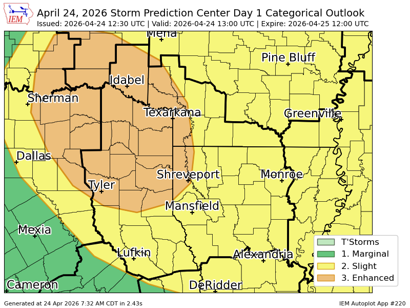 iembot_shv's tweet photo. #SPC issues Day 1 Enhanced Convective Risk at Apr 24, 12:30z for SHV https://t.co/EgOEUp9I4E https://t.co/HnwHC3SIGH