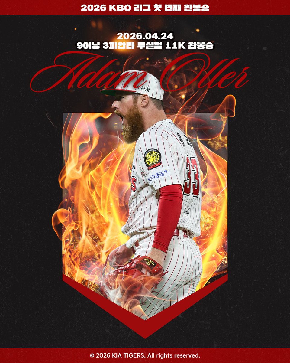 26시즌 KBO 첫 번째 완봉승 ADAM OLLER🔥

9이닝 동안 11K 3피안타 무실점으로 경기를 책임진 올러 선수가 챔필에 2,417일만의 팀 완봉승(9이닝 기준)을 가져왔습니다!

이는 올 시즌 첫번째 완봉승이자 KIA/해태 타이거즈 최초의 외국인 &amp; 두 자릿수 탈삼진 완봉승 기록이기도 합니다.