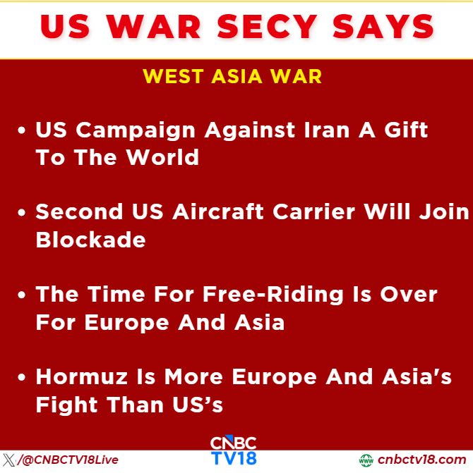 CNBCTV18Live's tweet image. #WestAsiaWar | #US campaign against #Iran a gift to the world, second US aircraft carrier will join blockade. The time for free-riding is over for #Europe &amp;amp; #Asia, says US War Secy