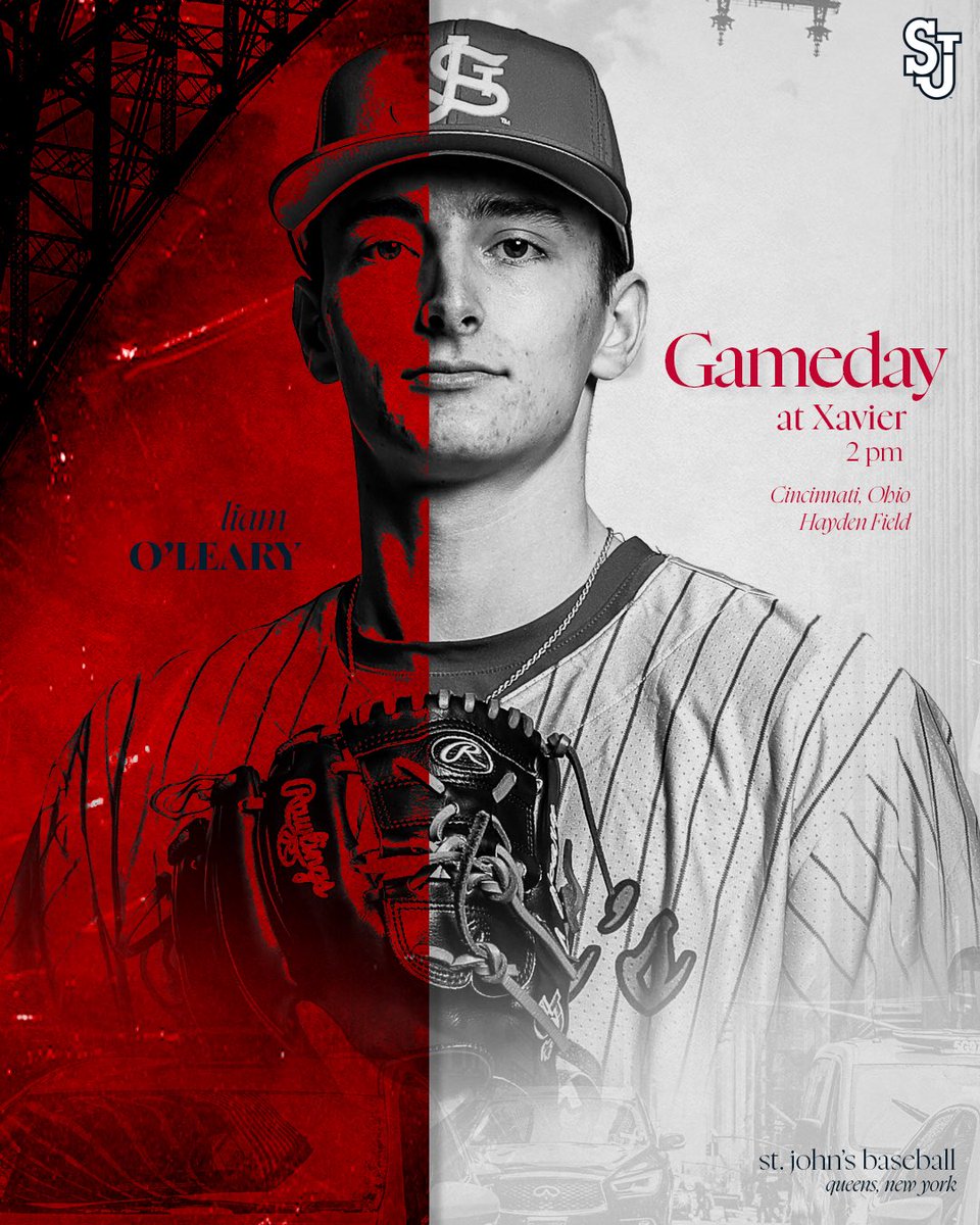 StJohnsBaseball's tweet image. GAME DAY 🔴⛈️

In Cincinnati for a @BIGEAST road series against Xavier 🗽

🆚 @XavierBASE
🏟️ Hayden Field
⏰ 3 p.m.
📺 bit.ly/4vYno4n
📊 bit.ly/4cUY4Ez

#RedStorm | #EveryTrip