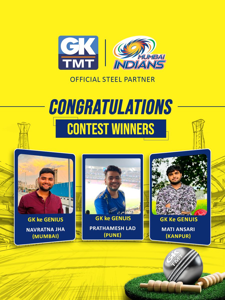 GK_TMT's tweet image. Drumroll please… 🥁 
Because some of you just turned participation into celebration 🎉

#ContestWinners #announcement 
#gktmt #mumbaiindians #officialsteelpartner