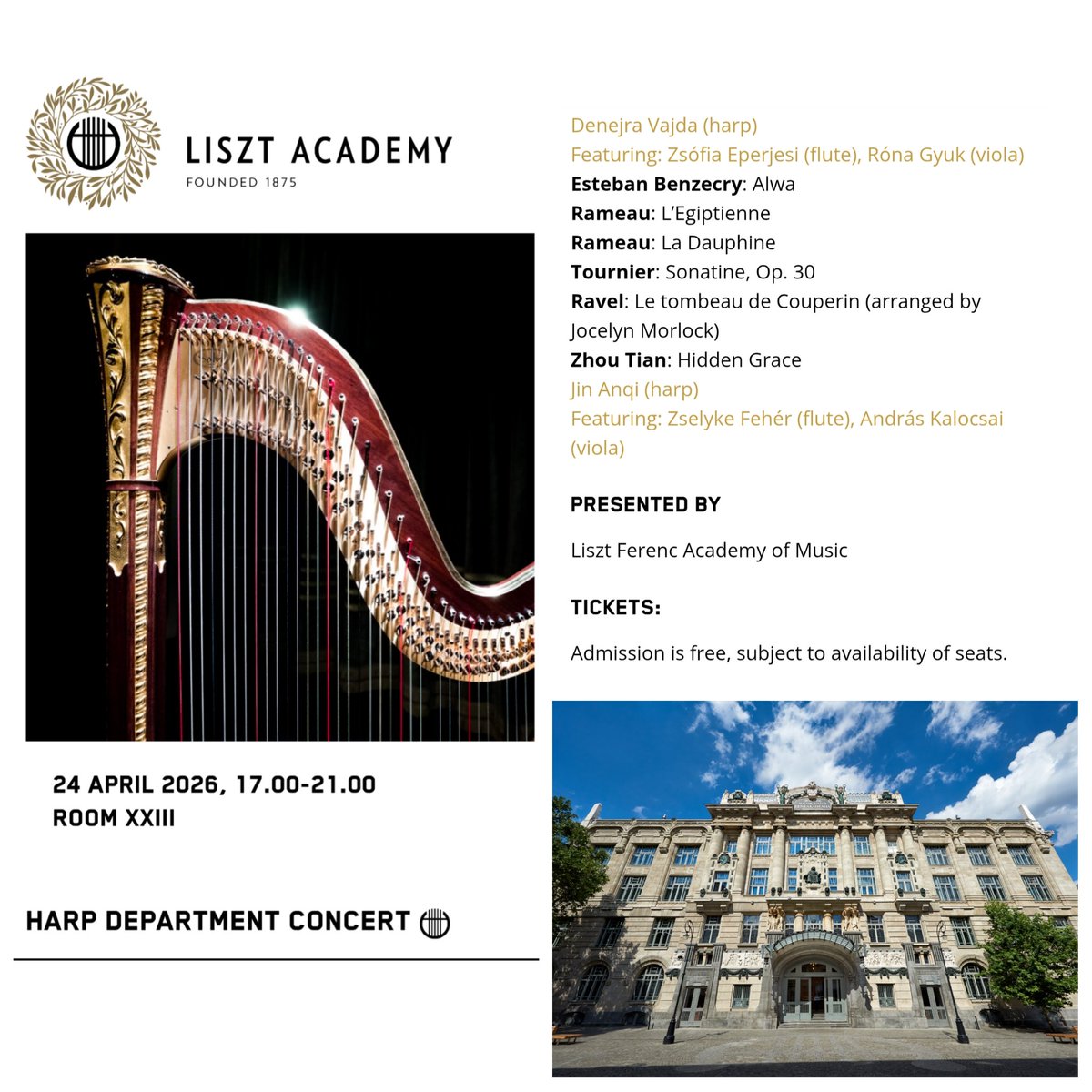 Today, ALWA for harp by Esteban Benzecry, performed by students of the Franz Liszt Academy in Budapest, Hungary. I’m very happy and grateful to see my music included in the study repertoire of such a prestigious musical institution.

#EstebanBenzecry #harp #arpa #harpe #Alwa
