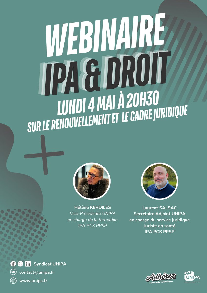 Syndicat_UNIPA's tweet photo. 📢 Webinaire IPA – Cadre juridique & renouvellement

IPA, on le sait : le sujet du renouvellement et du cadre juridique reste encore flou… et pourtant central dans notre pratique quotidienne.

👉 On vous propose un temps d’échange :

🗓 Lundi 4 mai
⏰ 20h30
💻 En visio (le lien sera envoyé la veille)

Un webinaire pensé par et pour les IPA, avec une approche terrain.

🔗 Inscription pour les adhérents :
https://t.co/4lk0bV0Hnq

🔗 Inscription pour les adhérents :
https://t.co/mlAFH4hkUr

👉 On avance mieux quand on parle le même langage.

#IPA #PratiqueAvancee #AccesAuxSoins #DroitSante