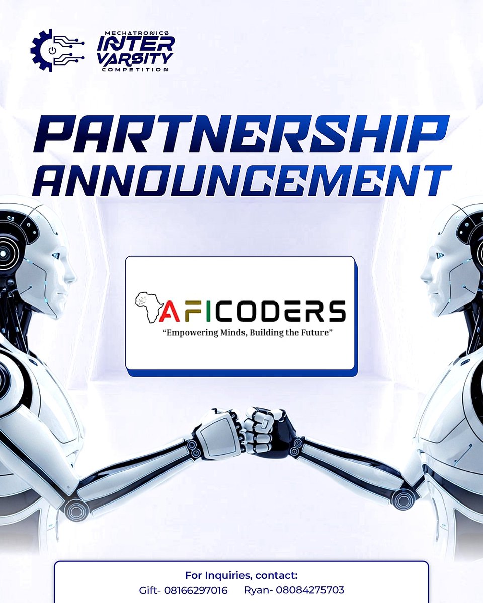 aficoders's tweet image. Excited to announce a strategic partnership between the Mechatronics Inter-Varsity Competition and AFICODERS.

Empowering young innovators with hands on skills in robotics, coding, and emerging tech.Big things ahead stay tuned

#Partnership #STEM #Robotics #Innovation #Ai