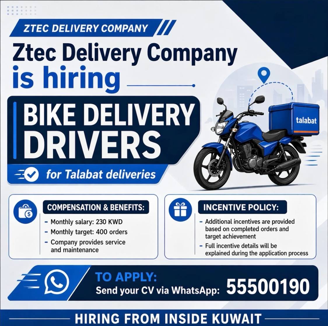 thejobyard's tweet photo. 📍 This opportunity is available for candidates currently inside Kuwait only.

Ztec Delivery Company is hiring Bike Delivery Drivers for Talabat deliveries.

Please send your CV via WhatsApp: 55500190

#KuwaitJobs #BikeDelivery #TalabatDelivery #workinkuwait #TheJobYardKuwait https://t.co/O42mRoXaZc
