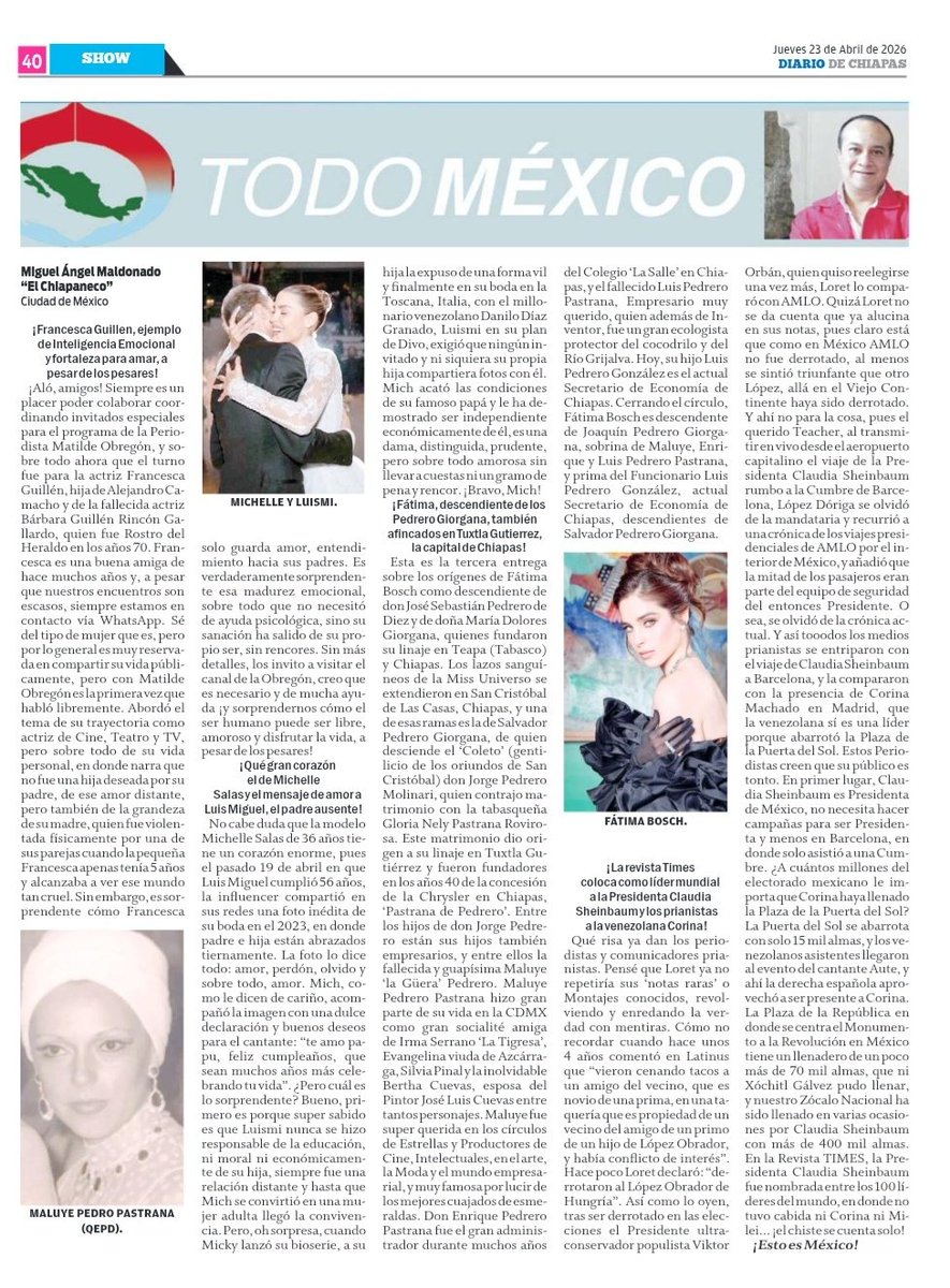 miguechiapaneco's tweet photo. Mi #ColumnaTodoMéxico en el @DiarioChiapas:

¡QUE CORAZÓN EL DE #MichelleSalas Y SU MENSAJE DE AMOR A #LuisMiguel, EL PADRE AUSENTE QUE YA CUMPLIÓ 56 AÑOS!

¡ESTO ES MÉXICO!
 https://t.co/HO76NqBdgQ https://t.co/2UYRjsneBP