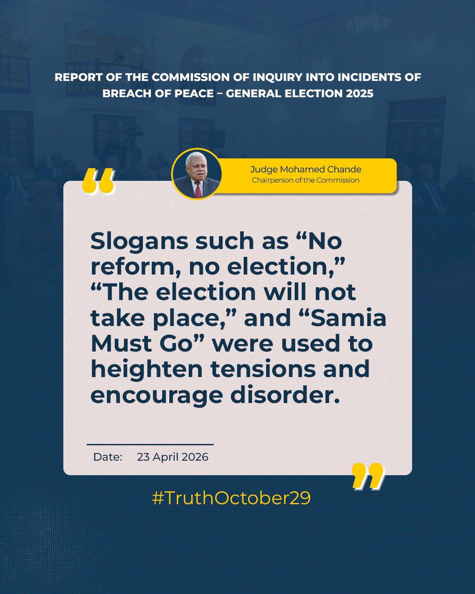 HusnaAbdully's tweet photo. REPORT OF THE COMMISSION OF INQUIRY INTO INCIDENTS OF BREACH OF PEACE - GENERAL ELECTION 2025
#ChandeReport
#TruthOctober29 https://t.co/AVNAYiFYPW