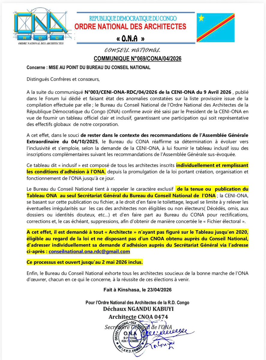 Ordre National des Architectes de la RDC tweet media