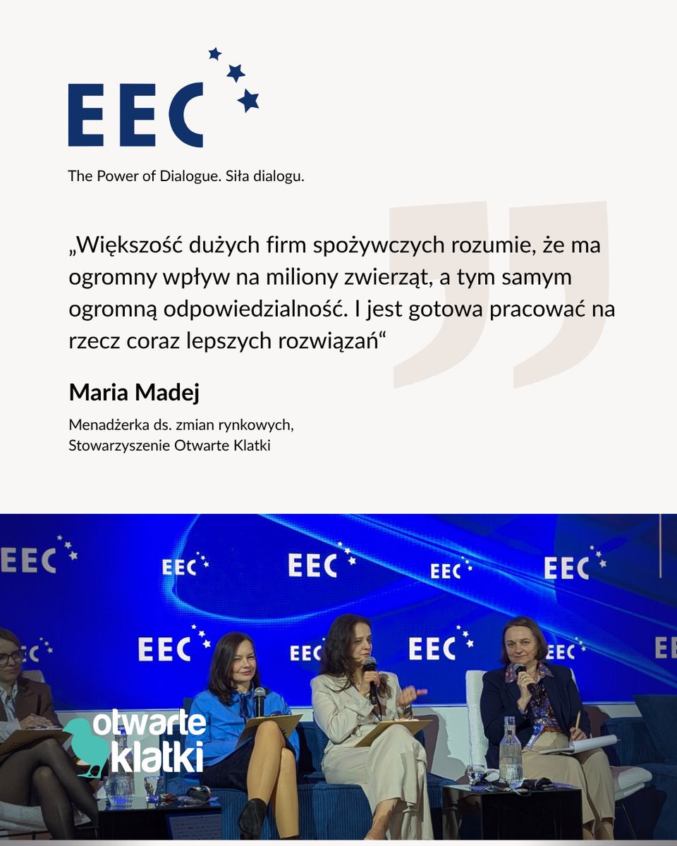 otwarteklatki's tweet photo. Wczoraj mieliśmy okazję uczestniczyć w @EECKatowice. Reprezentowały nas Nina Pięk oraz Maria Madej, która wzięła udział w panelu „ESG: wymogi, strategia, efekty” u boku przedstawicieli biznesu oraz organizacji pozarządowych.

Maria zadbała o to, aby w dyskusji wybrzmiał temat odchodzenia od jaj z chowu klatkowego – zarówno w kontekście zmian w strukturze chowu kur niosek, jak i dotychczasowych sukcesów we wdrażaniu polityk dobrostanowych przez sieci handlowe jak Biedronka, Netto, Kaufland, Żabka czy Makro.

Dziękujemy wszystkim partnerom i uczestnikom panelu za otwartość na temat dobrostanu zwierząt oraz gotowość do dialogu.