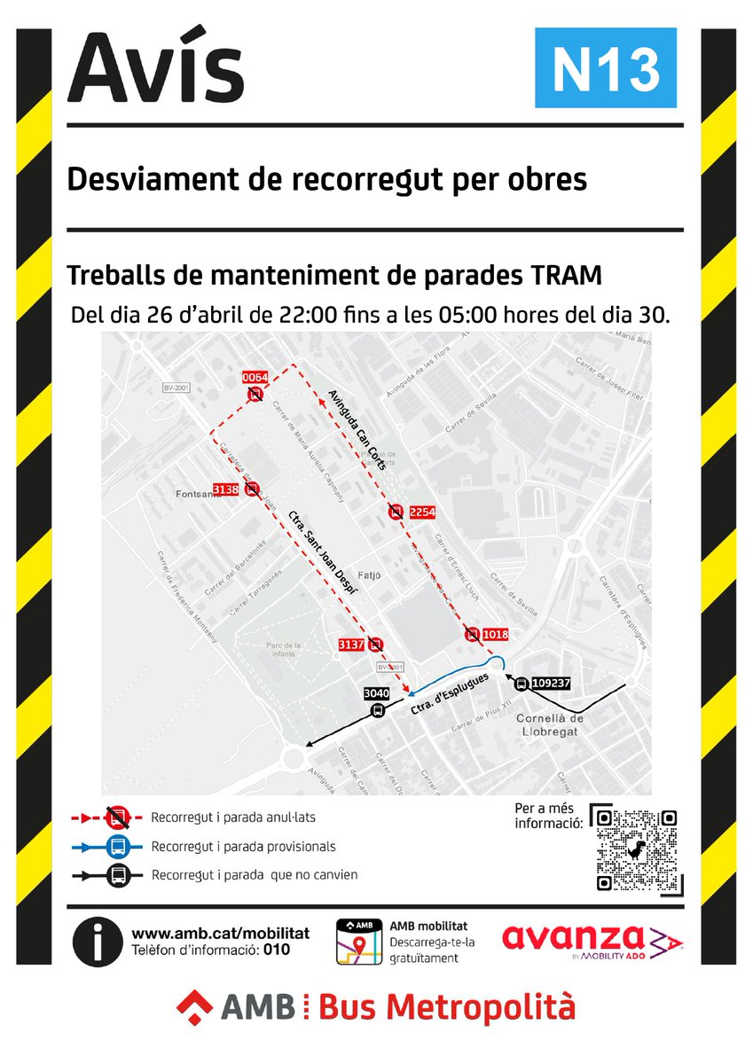 apropcornella's tweet photo. 🔊 Desviament de recorregut per obres 🚧 #Cornellà

 Diumenge 26 d’abril de 22:00 fins a les 05:00 hores del dilluns 30, tall a la Carretera de Sant Joan Despí per manteniment de les parades del  🚊TRAM.

Afectació a la línia 🚌 N13. https://t.co/h0lOkuJkRc