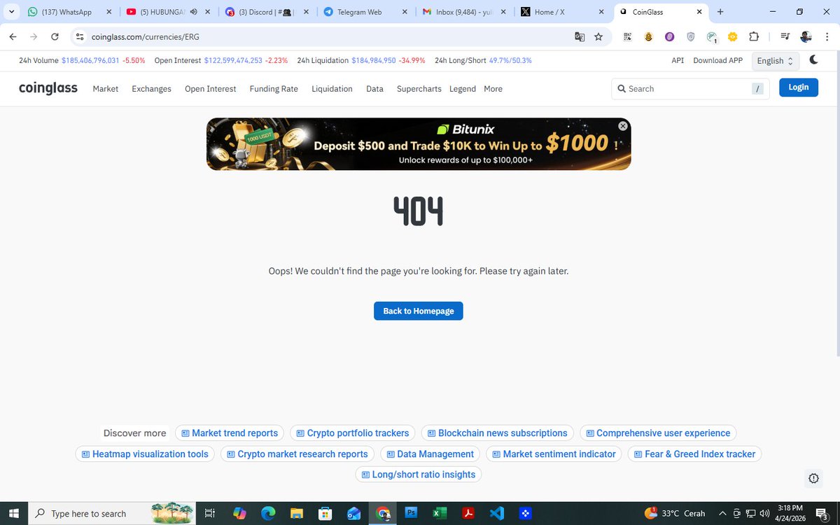 kristianto18's tweet image. Please help, Coinglass team. I'm encountering a 404 error on the ERGO currency page on the Coinglass website here coinglass.com/currencies/ERG. 
Please fix the page immediately so we can access it. Thank you. #ERGO $ERG0 $ERG #cryptocurrency 
@coinglass_com @ergo_platform @Erg0ne