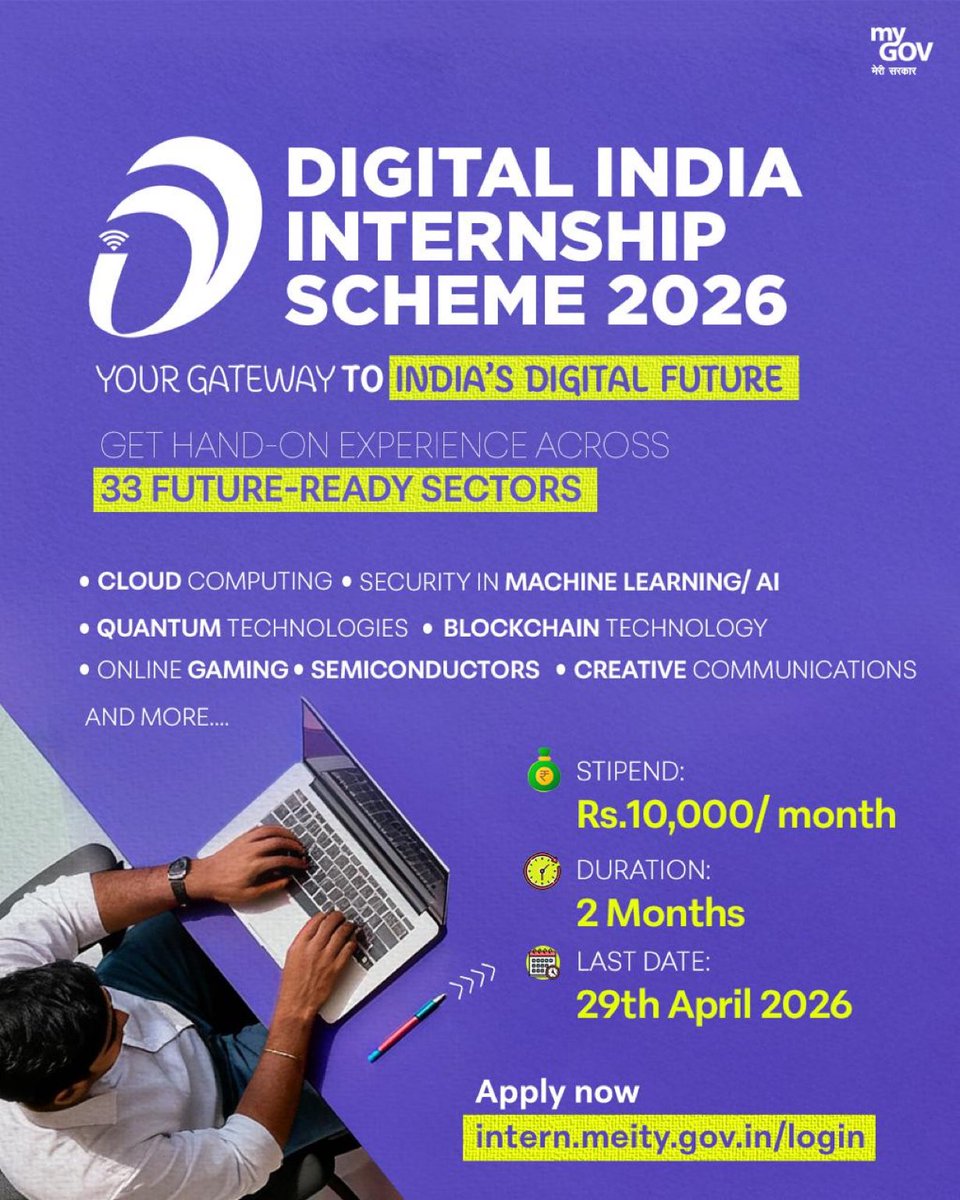 21sparksacademy's tweet image. 💥 Digital India Internship Scheme 2026

Monthly stipend of Rs. 10,000 + Official Certification.

Duration: 2 months of immersive, real-world experience.

Learn directly from the industry’s top experts.

For more details 🔗 intern.meity.gov.in/login

29th April 2026

#Internship