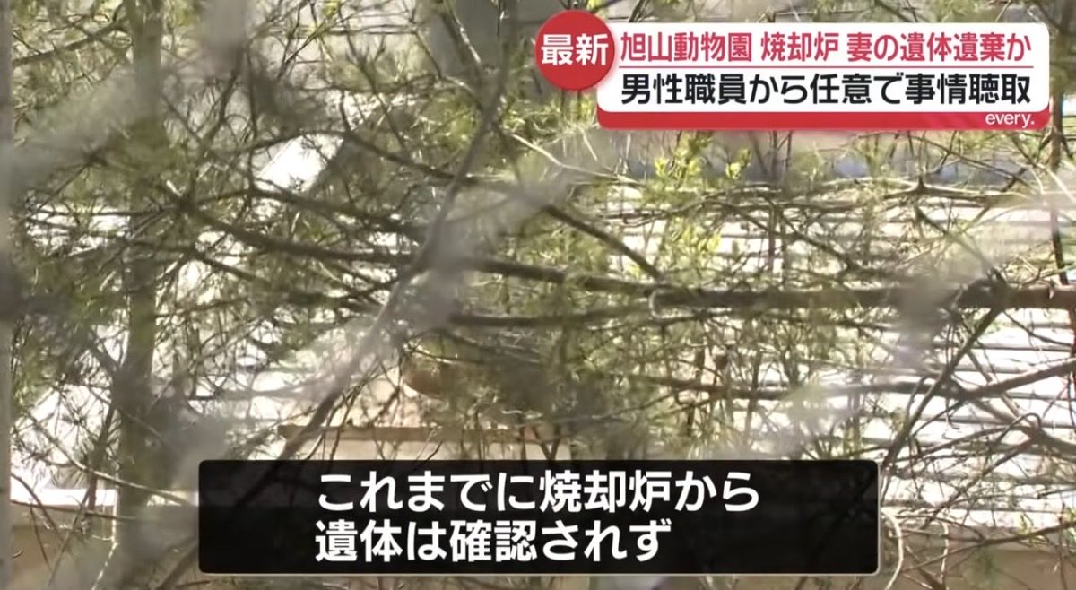 【旭山動物園】
焼却炉に妻の遺体遺棄か  
30代男性職員から任意で事情聴取  
遺体が燃やされた可能性も視野に捜査 
（2026年4月24日放送「news every.」より）

これまでに焼却炉から遺体は確認されず

youtu.be/BQtAJ7rkGds?si…