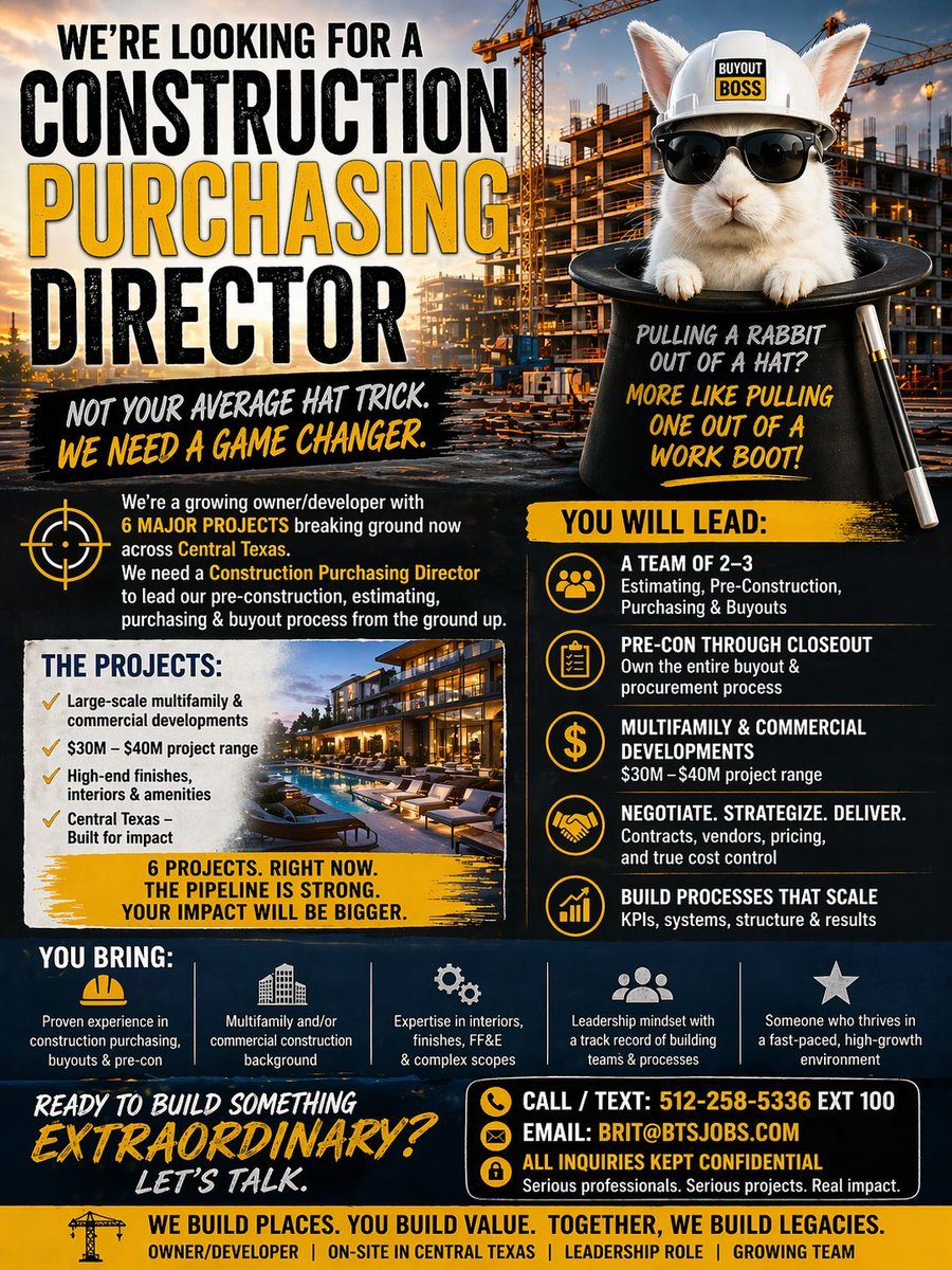 BritBTS's tweet photo. 🐰 Who’s the BEST Purchasing / Buyout leader you’ve worked with?

Not who’s looking —
👉 who’s actually GOOD.

Hiring a Construction Purchasing Director
Owner/Developer | $30M–$40M projects | Dallas

Tag them or send them my way 👇
📩 brit@btsjobs.com https://t.co/dwodY150zj