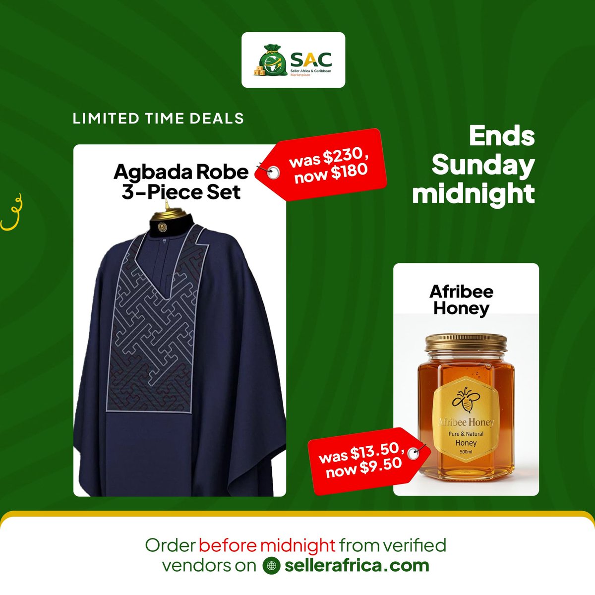 sellerafrica's tweet image. 48 hours left, on this premium limited time deal. This weekend. Agbada robe, Afribee honey 🍯 at discounted prices.

The clock is ticking. Tag someone who needs to shop before the deadline. Link in bio

#LimitedTimeOffer #SellerAfrica
