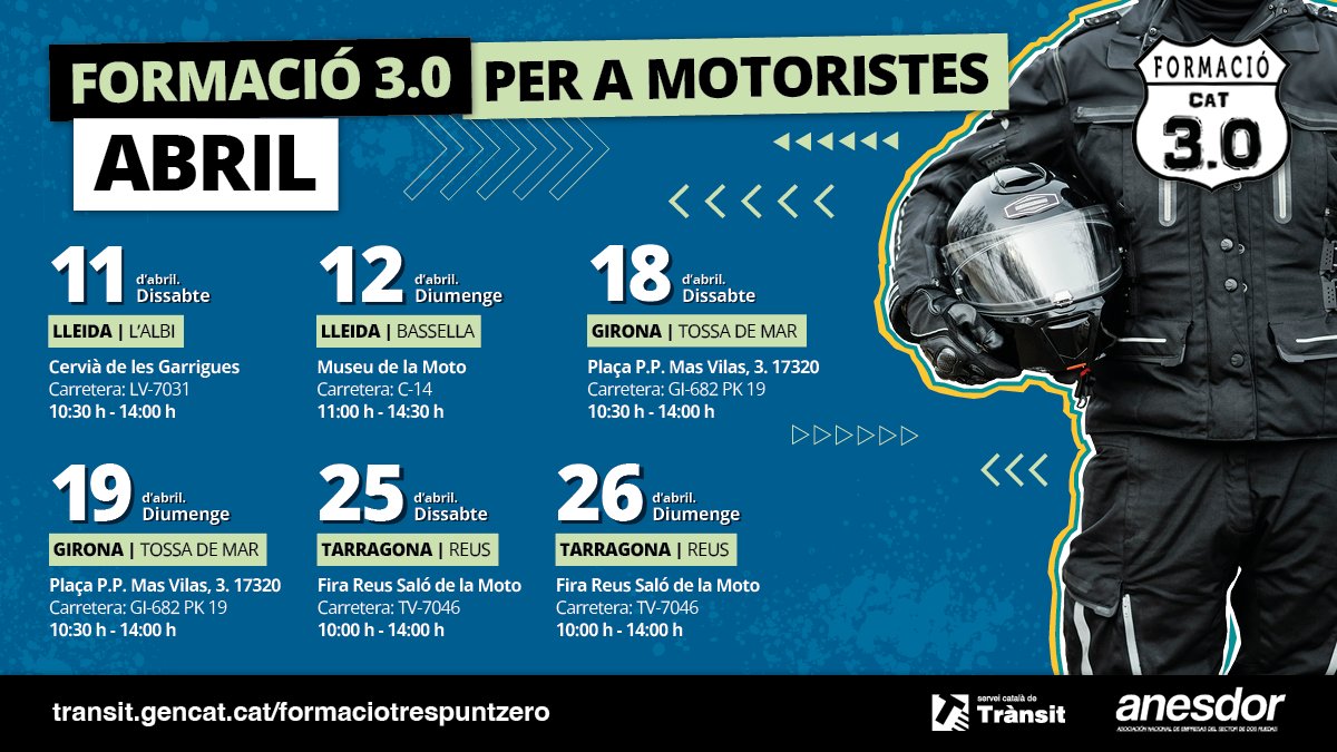 transit's tweet image. 🏍️ Aquest cap de setmana serem a la 18a edició del #SalódelaMoto a #firaReusEvents amb diverses sessions del programa Formació 3.0 per als motoristes que vulguin millorar la tècnica de conducció

🗓️ 25 i 26 d'abril
🕙 De 10.30 a 13.30 h
📍 TV-7046
🎞️ youtu.be/MEtK0qHOp6M

#SCT
