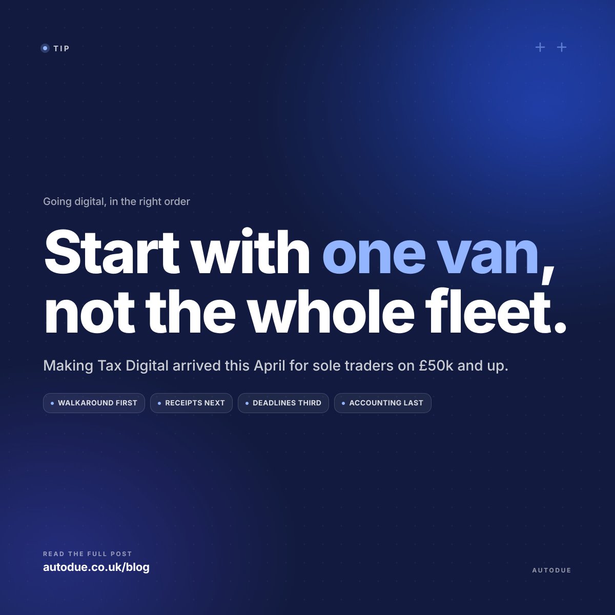 AutodueUK's tweet image. Paper walkaround book meets the 15-month retention rule. Fails the "show me last Tuesday's check" test on the hard shoulder.

April 2026 added MTD for sole traders over £50k.

Start with one van: autodue.co.uk/blog/the-small… #MTD