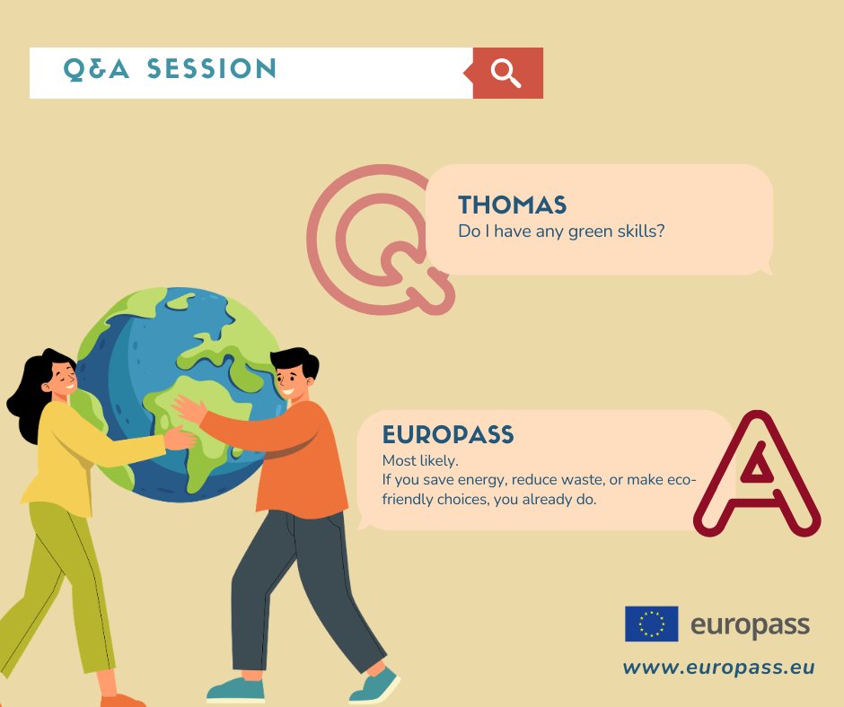 EuropassEurope's tweet image. You do not need a “green job” to have green skills🌱
Small actions, everyday decisions, and practical experience all count as well.
💡 Tip: Be specific about what you have accomplished!
#Europass #Skills
#Environmental