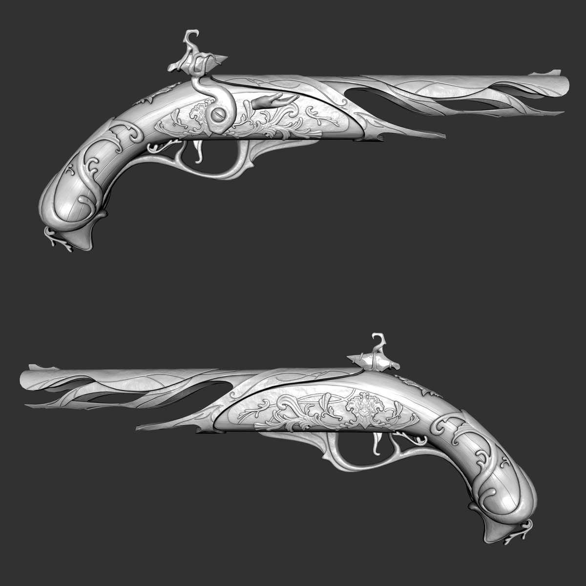 Blacksteinn's tweet image. Magic pistol from #Avowed — ZBrush high-poly vs bake

A quick workflow breakdown. Transferring a complex design with organic elements and deep engravings from ZBrush to a game-ready model. 

What is your favorite stage of the 3D production pipeline?💬

#3dmodeling #zbrush