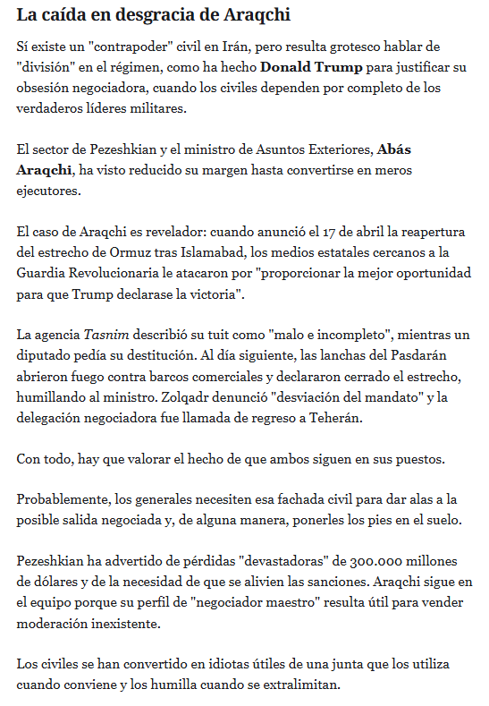 Los generales de la Guardia Revolucionaria Islámica han tomado el poder en Irán. Araqchi cae en desgracia, Jameneí sigue en paradero desconocido y en medio queda la figura de Qalibaf, general de la GRI, jefe del parlamento y amigo del ayatolá. Como siempre, en <a href="/elespanolcom/">EL ESPAÑOL</a>
