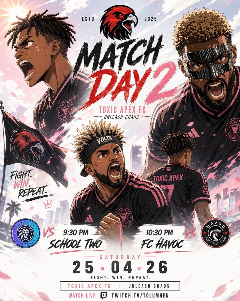 Match Day 2
Ready to go again. 
Saturday 9:30PM 

Watch live 👉 twitch.tv/tolumhen