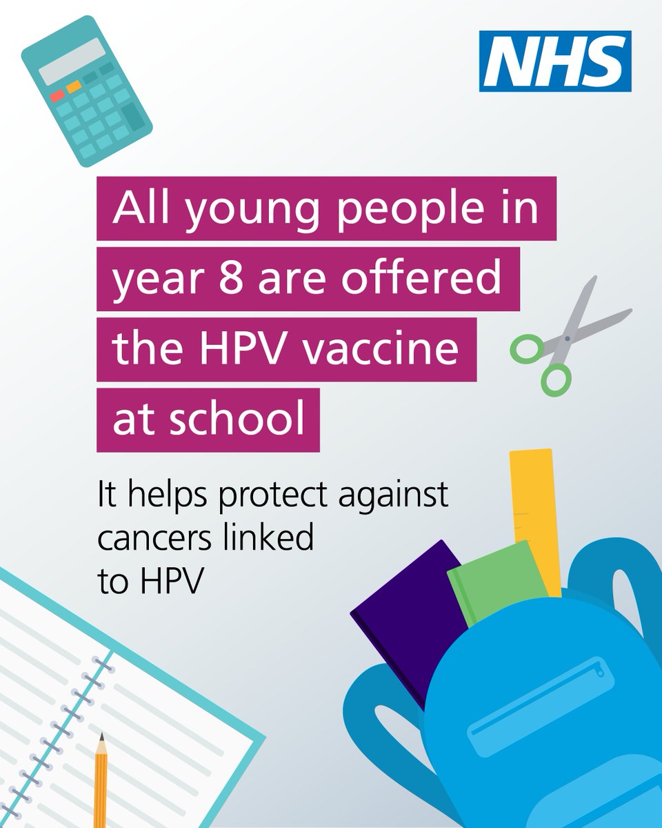 NHSuk's tweet photo. The HPV vaccine helps protect against the HPV virus which can lead to several cancers, including cervical cancer as well as cancers of the mouth, throat and genitals.   

It’s offered to boys and girls in school to help protect them later in life.  

#WorldImmunisationWeek