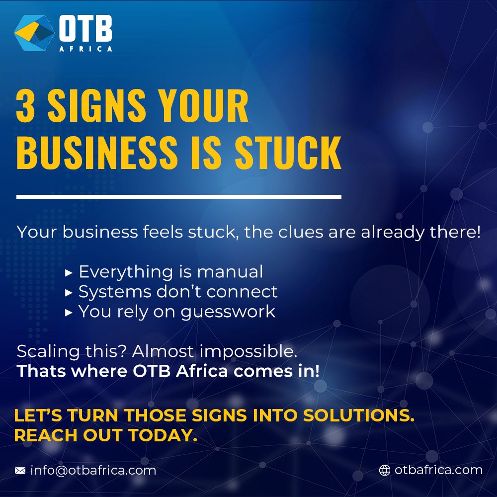 otbafrica's tweet image. It starts small…
Then one day — your business feels stuck.

That’s not failure. That’s a signal.
Time to upgrade how you work, not just how hard you work.

Let’s fix it → Reach out today.

#Automation #Startups #Tech #Friday #Innovation #AfricaBusiness #OTBAfrica