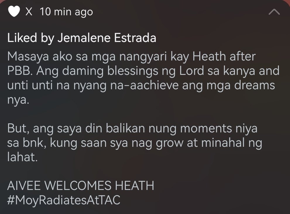 Hala omg! Kakagising ko lang and nagulat ako pagbukas ko ng notifs ko, nilike pala ni Tita Jem yung post ko. Nadadaan na pala sa account ni Tita Jem mga post ko about Kay Moy. Hello po Tita Jem! Hihi. 

HEATHs BACKTOYOU 100KSTREAMS
#GetBTYonITUNESNow