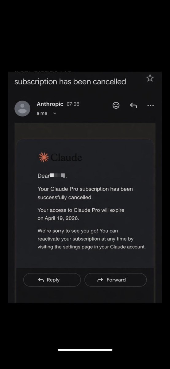 Claude Pro subscription cancellation email showing access expires April 19, 2026