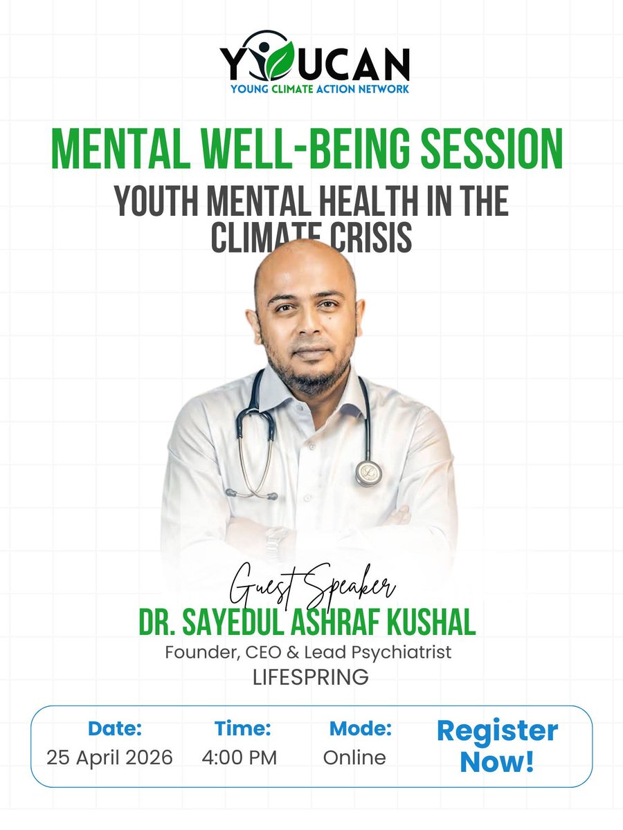 🌿 Mental Well-being Session by YOUCAN
Join us on 25 April, 4 PM (online) to discuss youth mental health in the climate crisis with Dr. Sayedul Ashraf Kushal. 🧠💚
Learn stress management &amp; resilience. Register via link in comments.
#YOUCAN #MentalHealth #YouthWellbeing